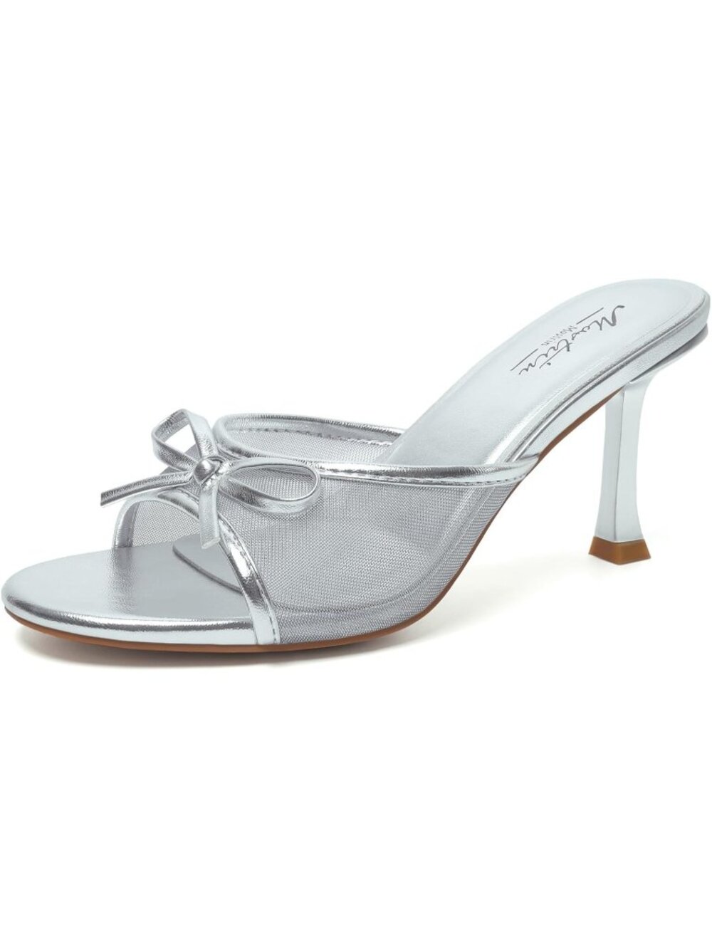 Women's Silver Round Toe Strapless Stiletto Kitten Heels Backless Party Sandals